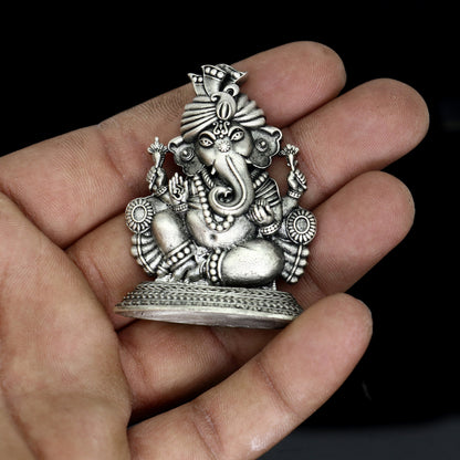 2.0-inch Sterling silver Lord Ganesha idol by TRIBAL ORNAMENTS, detailed Ganesha sculpture for puja and Diwali celebrations.