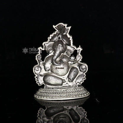Sterling silver Lord Ganesha idol sculpture, 2-inch size, intricately detailed Ganesha figurine for Diwali puja and spiritual offerings.