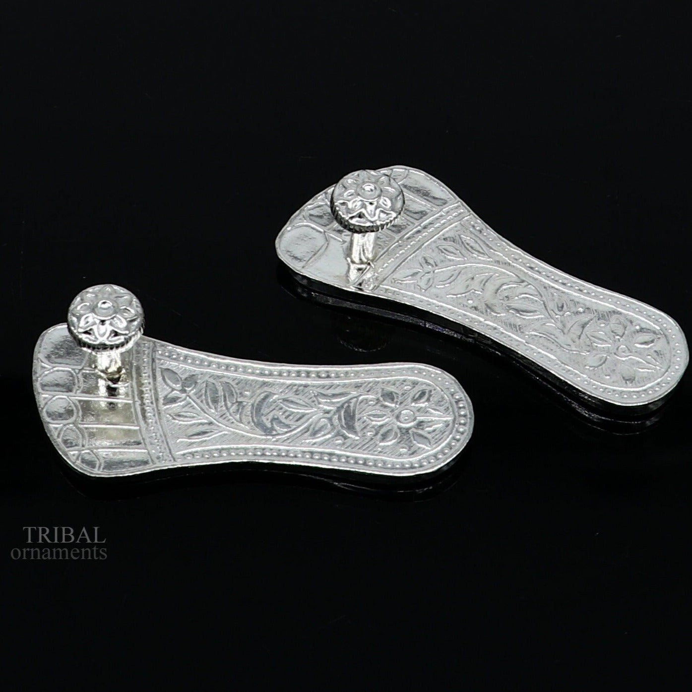 2.0" sterling silver handmade Charan paduka or slippers for idol krishna, laddu gopala, little krishna or Vshnu Narayana puja art su1043 - TRIBAL ORNAMENTS