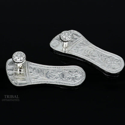 Sterling silver handmade Charan paduka slippers for idol Krishna, Laddu Gopala, or Vishnu Narayana puja art by Tribal Ornaments.