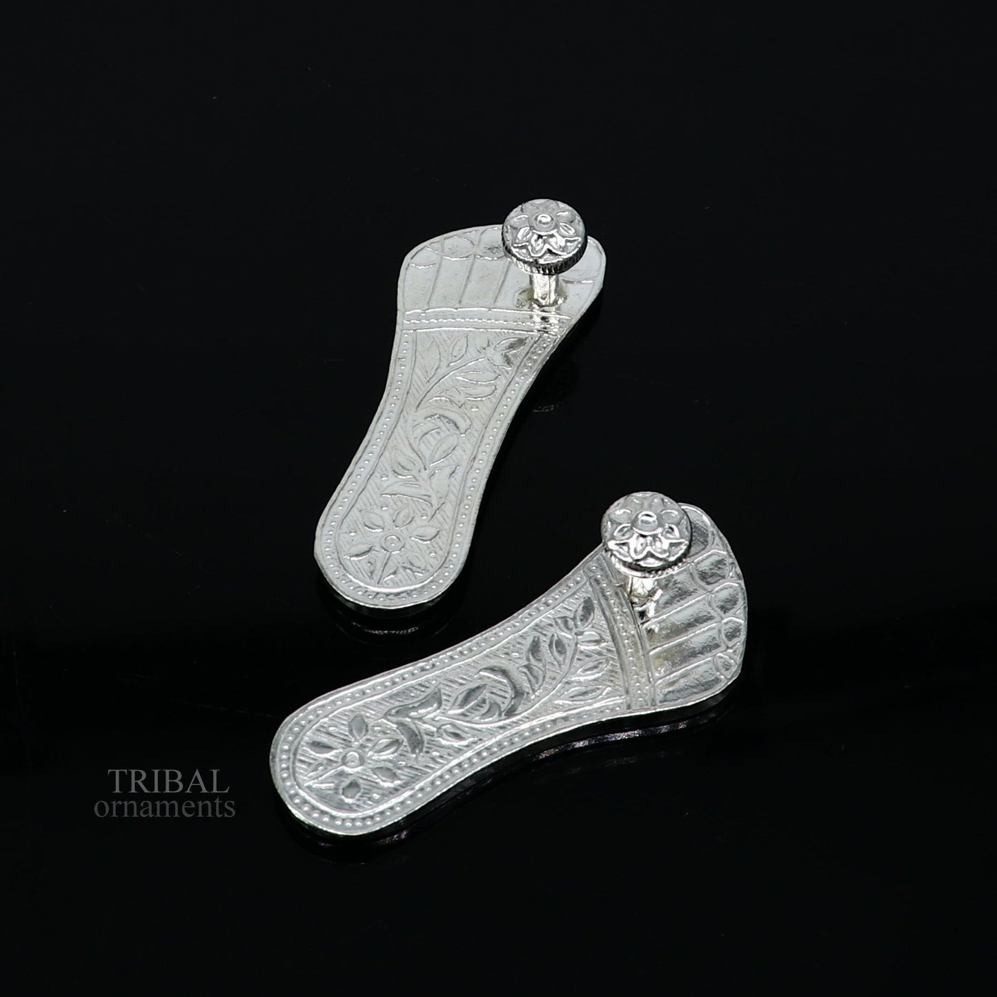 2.0" sterling silver handmade Charan paduka or slippers for idol krishna, laddu gopala, little krishna or Vshnu Narayana puja art su1043 - TRIBAL ORNAMENTS