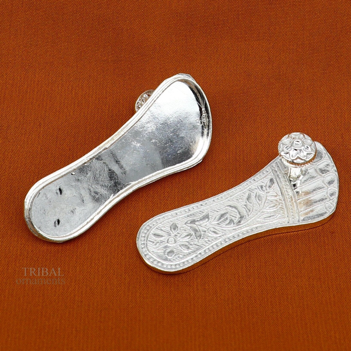 2.0" sterling silver handmade Charan paduka or slippers for idol krishna, laddu gopala, little krishna or Vshnu Narayana puja art su1043 - TRIBAL ORNAMENTS