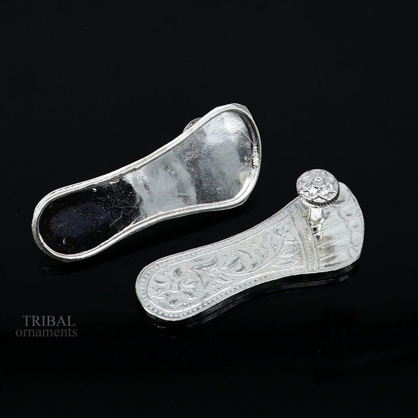 2.0" sterling silver handmade Charan paduka or slippers for idol krishna, laddu gopala, little krishna or Vshnu Narayana puja art su1043 - TRIBAL ORNAMENTS