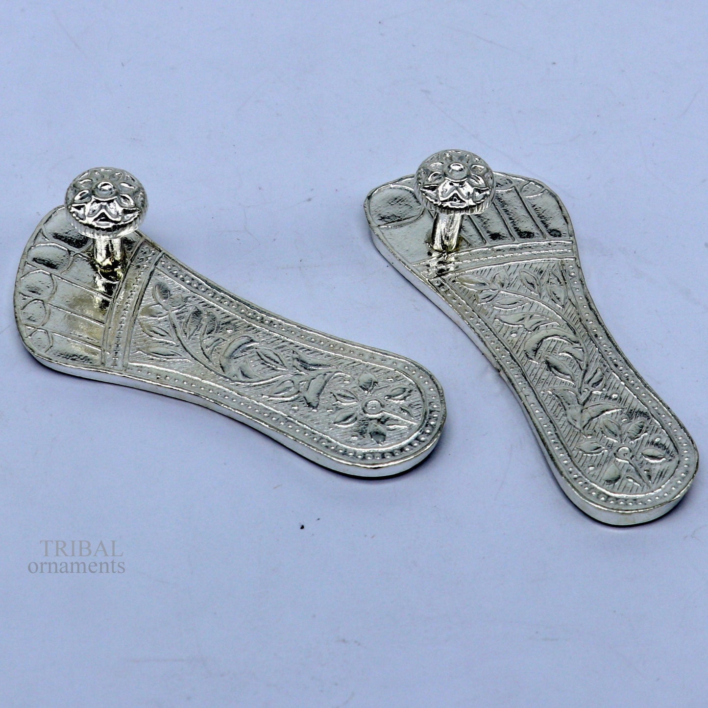 2.0" sterling silver handmade Charan paduka or slippers for idol krishna, laddu gopala, little krishna or Vshnu Narayana puja art su1043 - TRIBAL ORNAMENTS