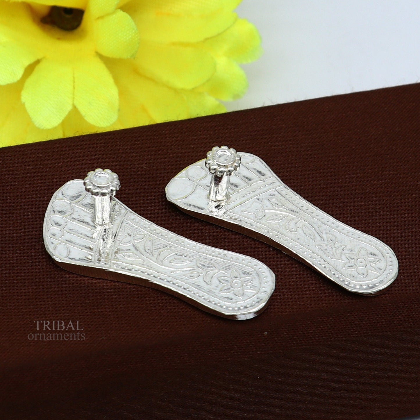 2.0" sterling silver handmade Charan paduka or slippers for idol krishna, laddu gopala, little krishna or Vshnu Narayana puja art su1043 - TRIBAL ORNAMENTS