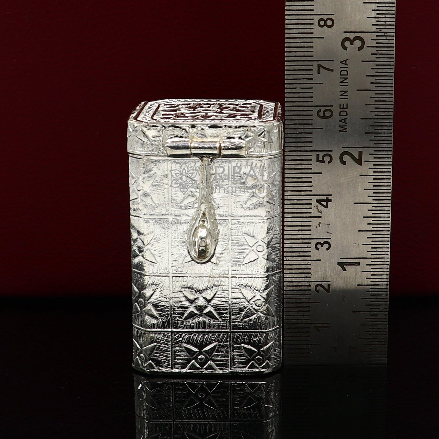 Vintage 2.2-inch silver utensils jewelry box with floral detailing, crafted by Tribal Ornaments, ideal for trinkets and keepsakes.