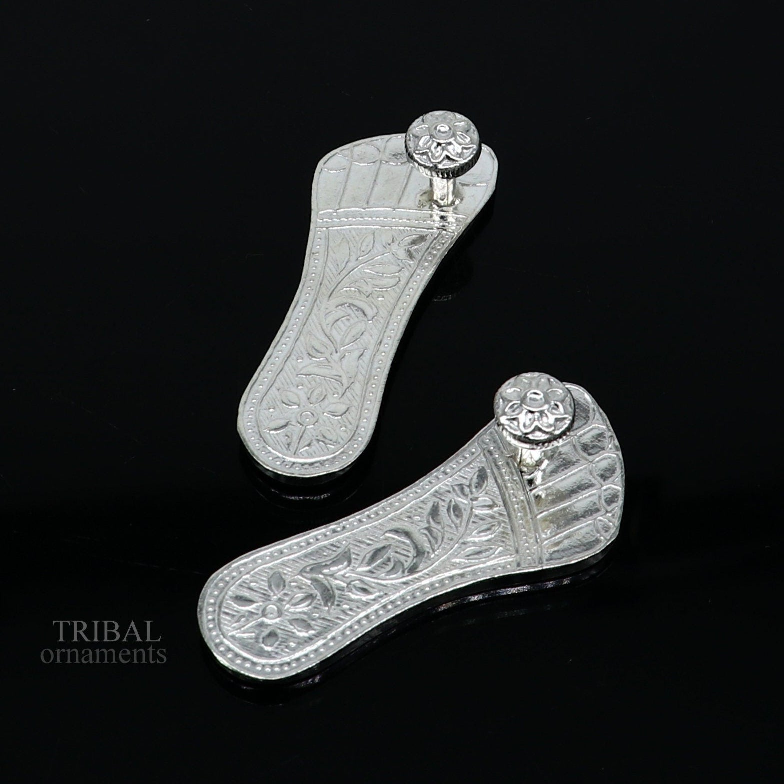 2.3" sterling silver handmade Charan paduka or slippers for idol krishna, laddu gopala, little krishna or Vshnu Narayana puja art su642 - TRIBAL ORNAMENTS