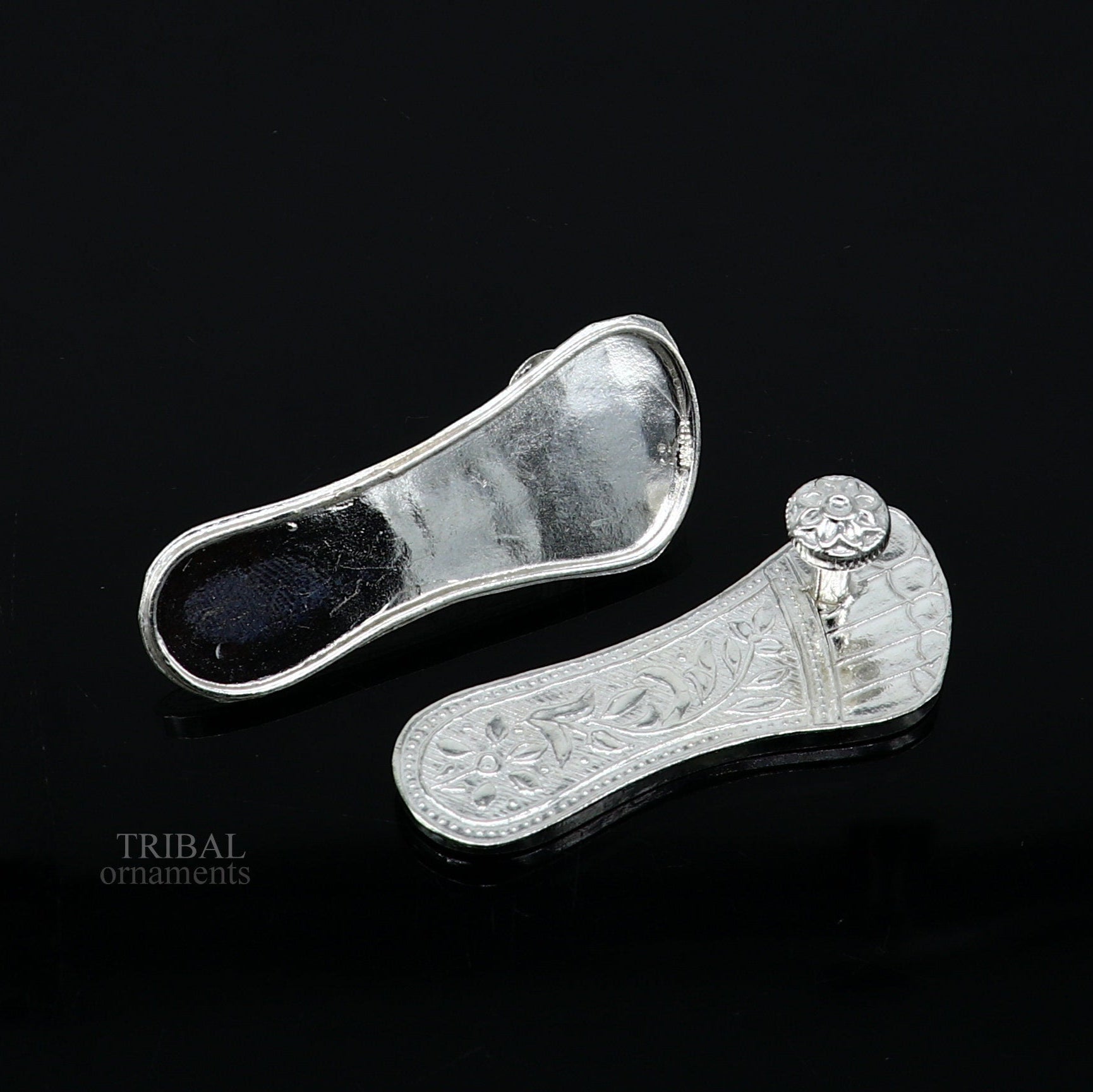 2.3" sterling silver handmade Charan paduka or slippers for idol krishna, laddu gopala, little krishna or Vshnu Narayana puja art su642 - TRIBAL ORNAMENTS