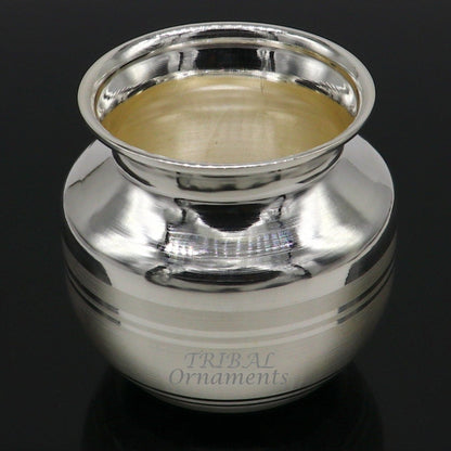 Small 2.3-inch sterling silver handmade Kalash pot, simple design, used for water or milk in Indian puja rituals, from TRIBAL ORNAMENTS.