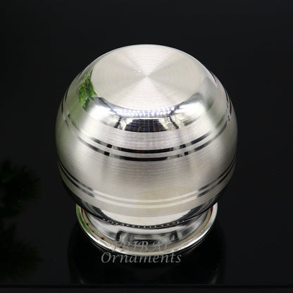 Small 2.3-inch handmade sterling silver Kalash pot for puja, featuring a plain design, used for water or milk offerings in India
