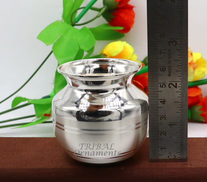 Small 2.3-inch handmade sterling silver Kalash or pot, traditional Indian puja water or milk vessel, crafted by TRIBAL ORNAMENTS.
