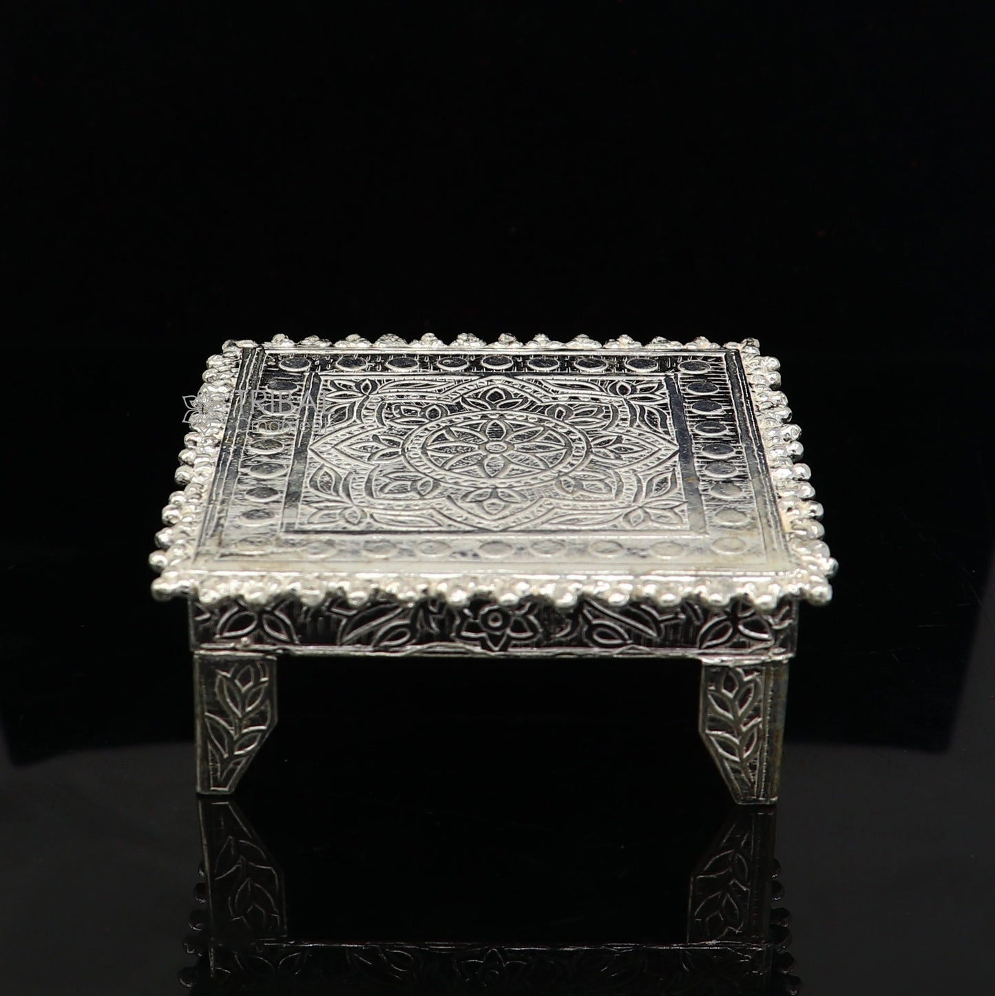 Handmade 2.4x2.4 inch sterling silver small square table bazot or chouki for puja, crafted by Tribal Ornaments, home temple decor.