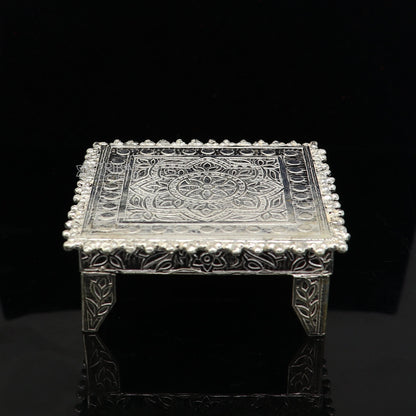Handmade 2.4x2.4 inch sterling silver small square table bazot or chouki for puja, crafted by Tribal Ornaments, home temple decor.