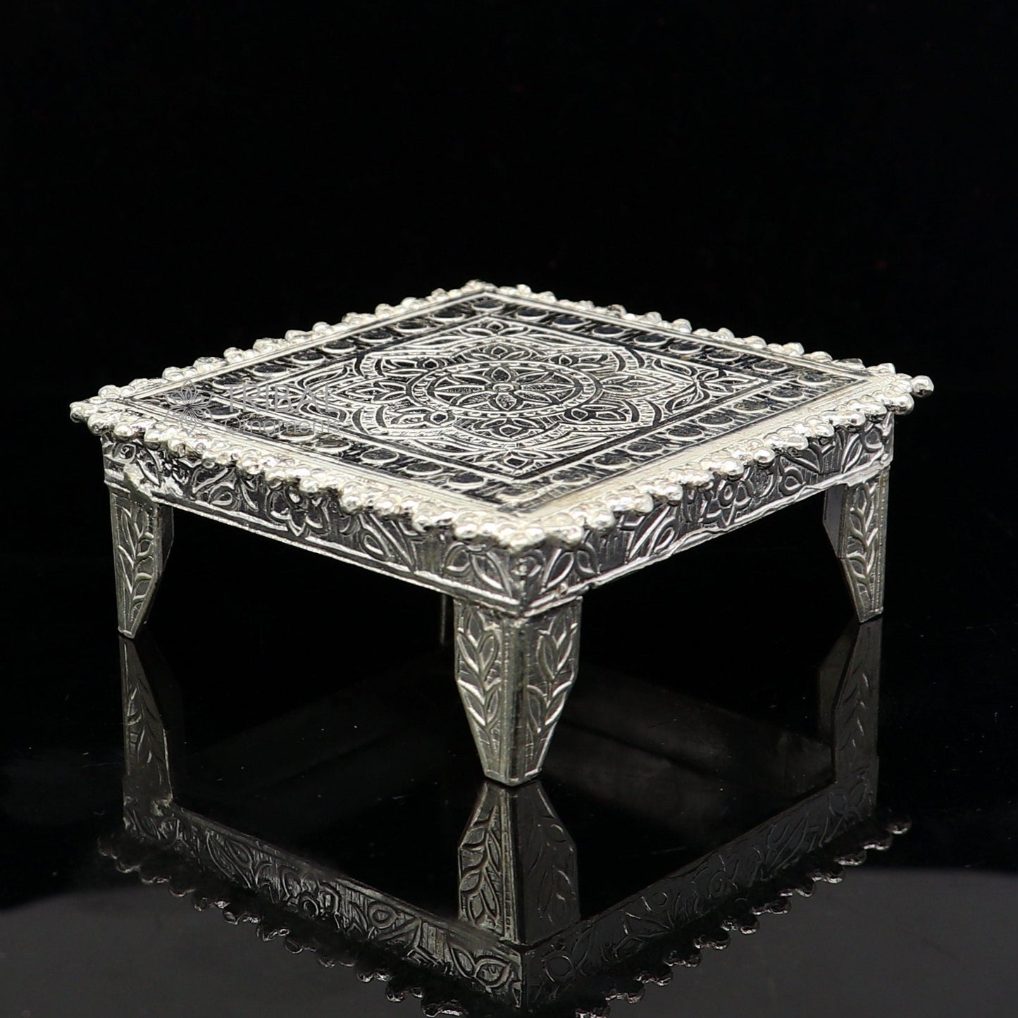 Sterling silver small square table choulki or bazot for puja, handcrafted tribal ornaments for home temple decor.
