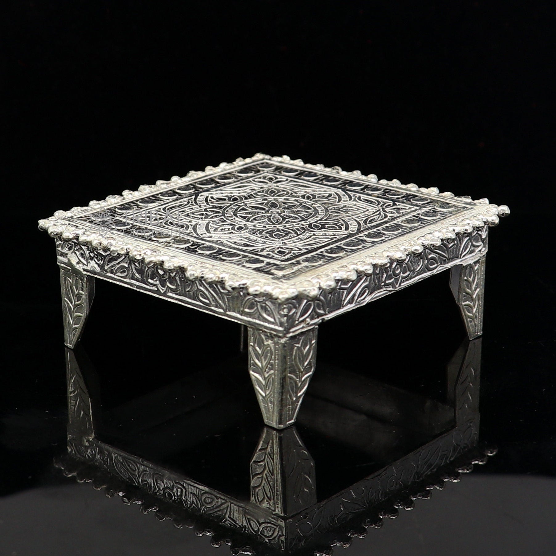 Sterling silver small square table choulki or bazot for puja, handcrafted tribal ornaments for home temple decor.