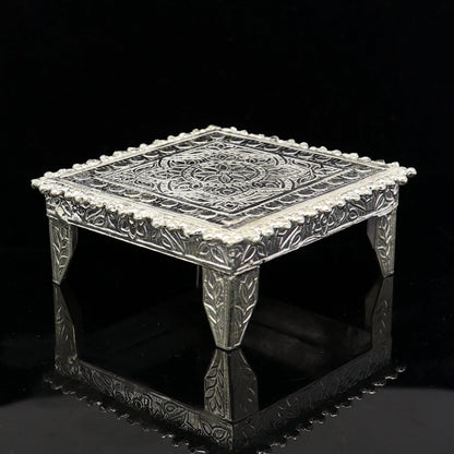 Sterling silver small square table choulki or bazot for puja, handcrafted tribal ornaments for home temple decor.