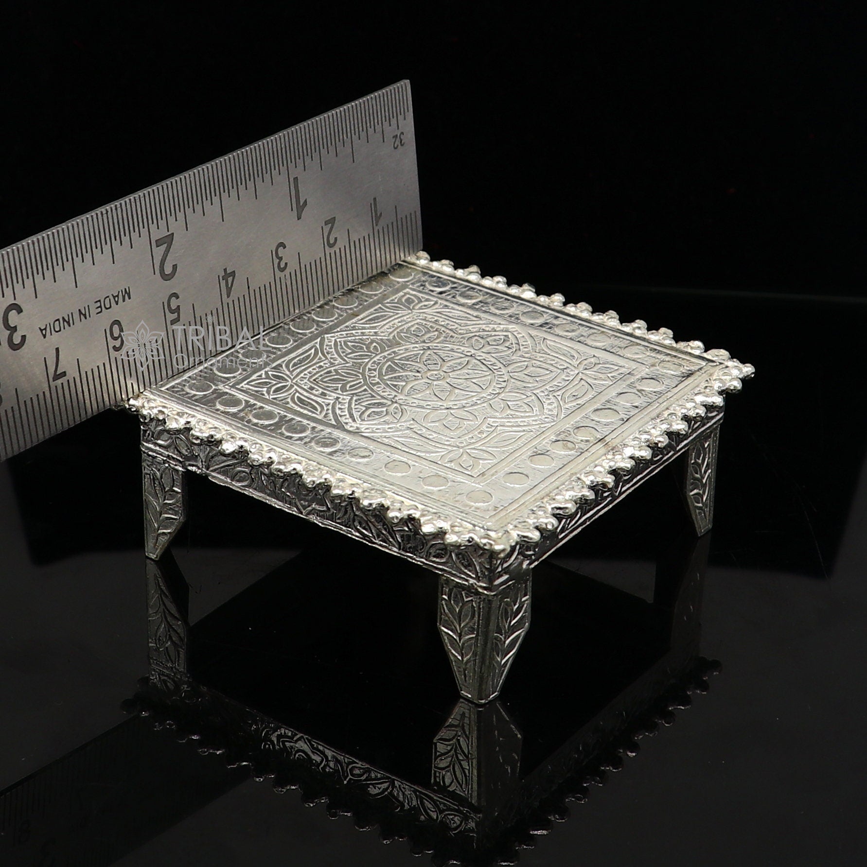 Sterling silver small square-shaped puja bowl by Tribal Ornaments, handmade home temple utensil for religious rituals.