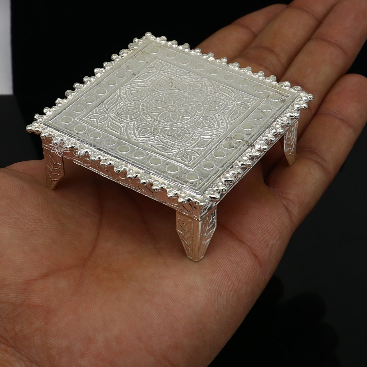 Small square-shaped sterling silver handmade puja utensil, tribal ornaments for home temple and religious rituals.