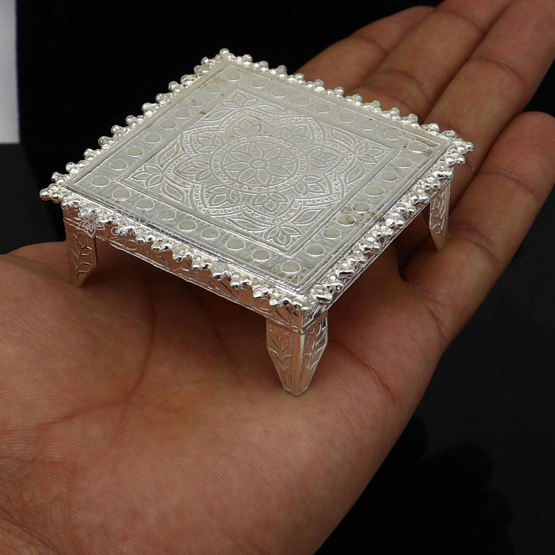 Small square-shaped sterling silver handmade puja utensil, tribal ornaments for home temple and religious rituals.