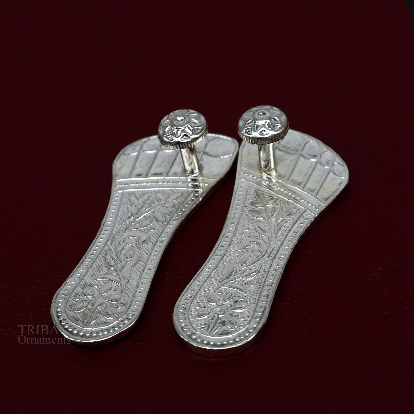 2.5" sterling silver handmade Charan paduka or slippers for idol krishna, laddu gopala, little krishna or Vshnu Narayana puja art su645 - TRIBAL ORNAMENTS