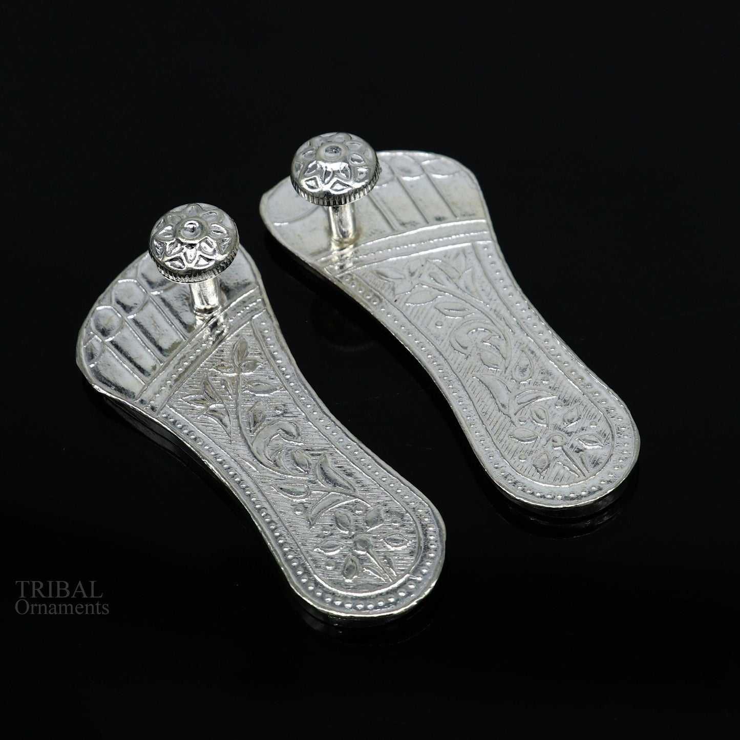 2.5" sterling silver handmade Charan paduka or slippers for idol krishna, laddu gopala, little krishna or Vshnu Narayana puja art su645 - TRIBAL ORNAMENTS