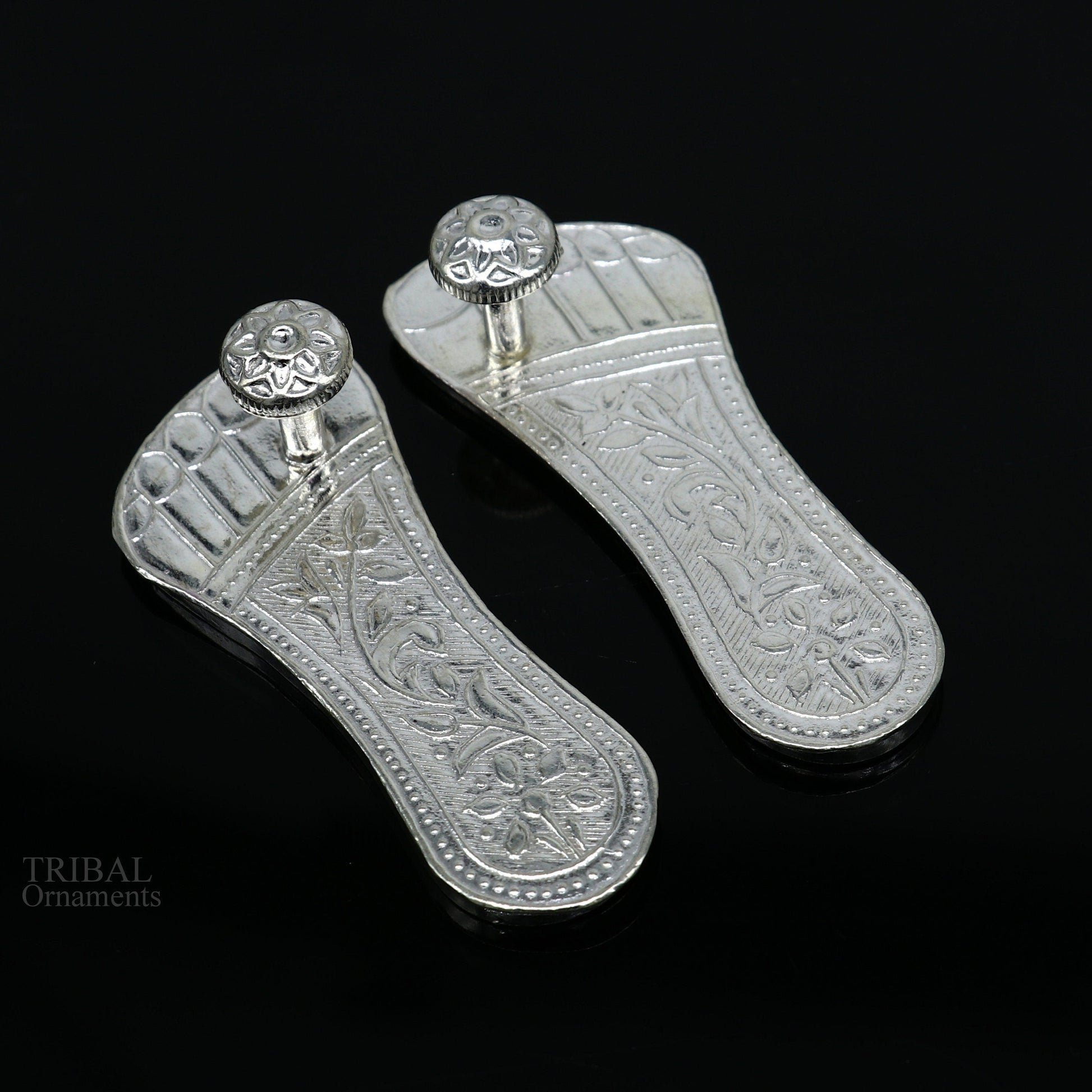 2.5" sterling silver handmade Charan paduka or slippers for idol krishna, laddu gopala, little krishna or Vshnu Narayana puja art su645 - TRIBAL ORNAMENTS