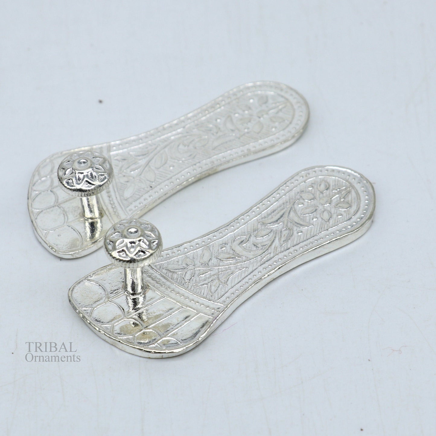 2.5" sterling silver handmade Charan paduka or slippers for idol krishna, laddu gopala, little krishna or Vshnu Narayana puja art su645 - TRIBAL ORNAMENTS