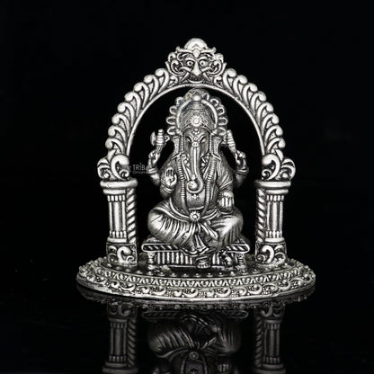 Sterling silver Lord Ganesha idol sculpture, 2.5-inch size, detailed Ganesha figurine for puja and Diwali celebrations.