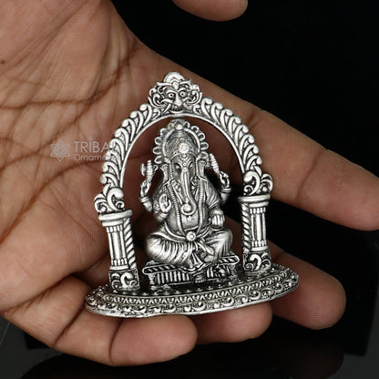 Sterling silver Lord Ganesha idol sculpture, 2.5-inch size, detailed Ganesha figurine for puja and Diwali celebrations.