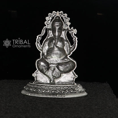 2.5-inch TRIBAL ORNAMENTS Sterling silver Lord Ganesha idol, detailed Ganesha statue for puja and Diwali celebrations.