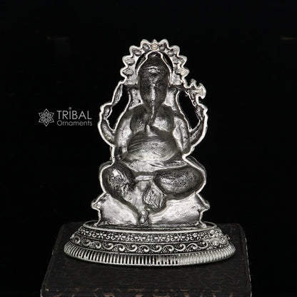 Sterling silver Lord Ganesha idol, 2.5-inch figurine for puja, Diwali decoration, crafted by Tribal Ornaments.