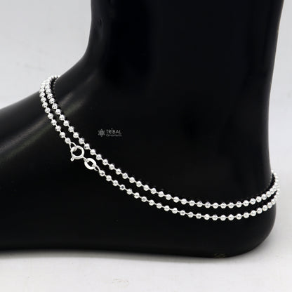 Sterling silver 2.5 mm beaded anklet bracelet with delicate ball chain design, lightweight and perfect for belly dance jewelry.