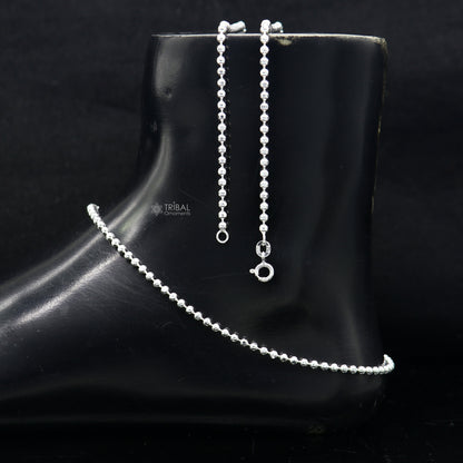 Sterling silver 2.5mm beaded ball chain anklet from TRIBAL ORNAMENTS, lightweight, delicate belly dance silver jewelry.