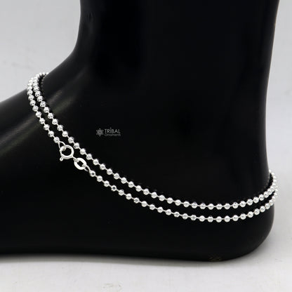 Sterling silver 2.5mm beaded ball chain anklet from TRIBAL ORNAMENTS, lightweight and delicate belly dance jewelry for women.