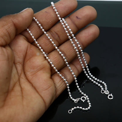 Sterling silver 2.5mm beaded ball chain anklet with delicate, lightweight design perfect for belly dance or casual wear.