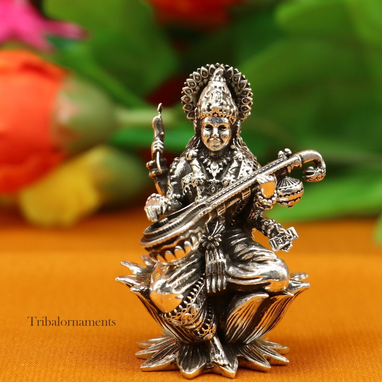 2.5" small 925 Sterling silver handmade customized Hindu idol Saraswati sharda maa statue, puja article figurine, home décor Articles art57 - TRIBAL ORNAMENTS