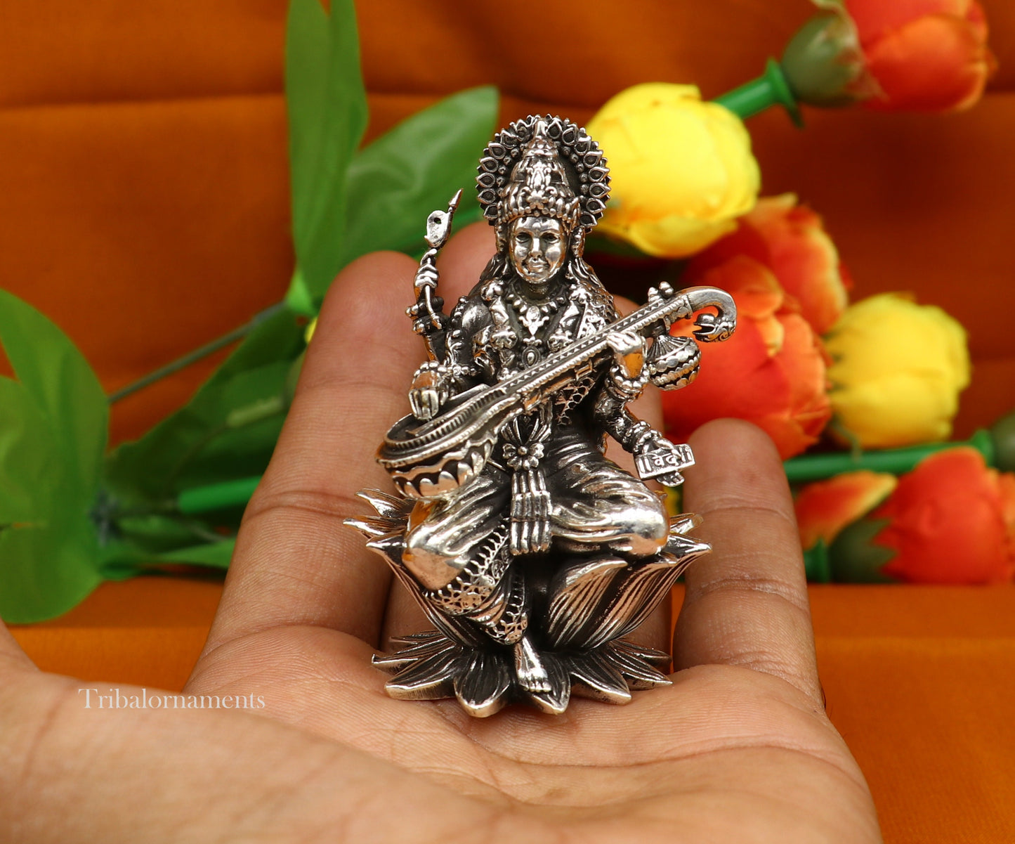 2.5" small 925 Sterling silver handmade customized Hindu idol Saraswati sharda maa statue, puja article figurine, home décor Articles art57 - TRIBAL ORNAMENTS
