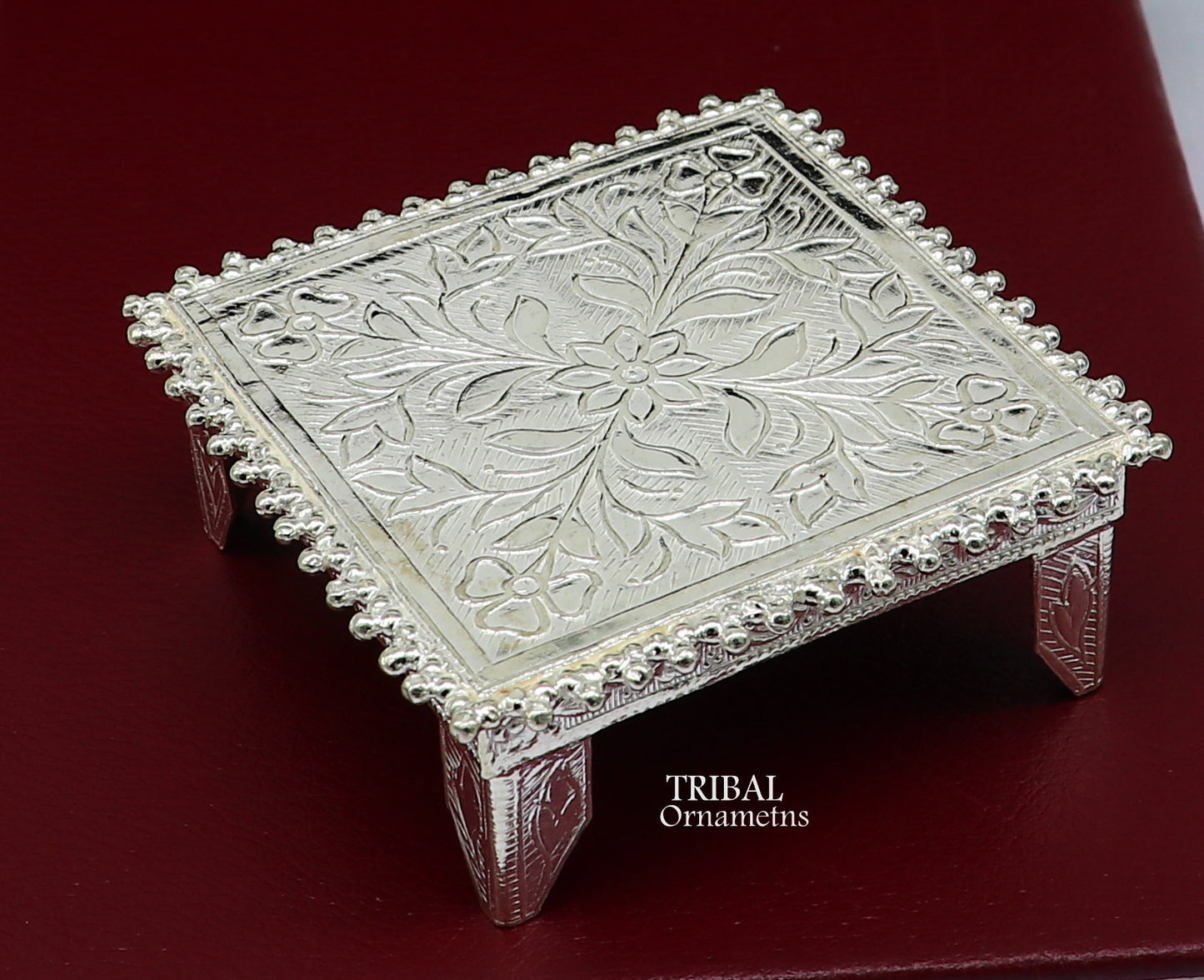 Vintage 2.5-inch sterling silver square-shaped table bazot or chouki for puja, handcrafted tribal ornaments for home temple decor.
