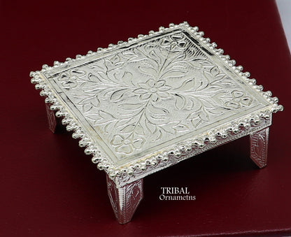 Vintage 2.5-inch sterling silver square-shaped table bazot or chouki for puja, handcrafted tribal ornaments for home temple decor.