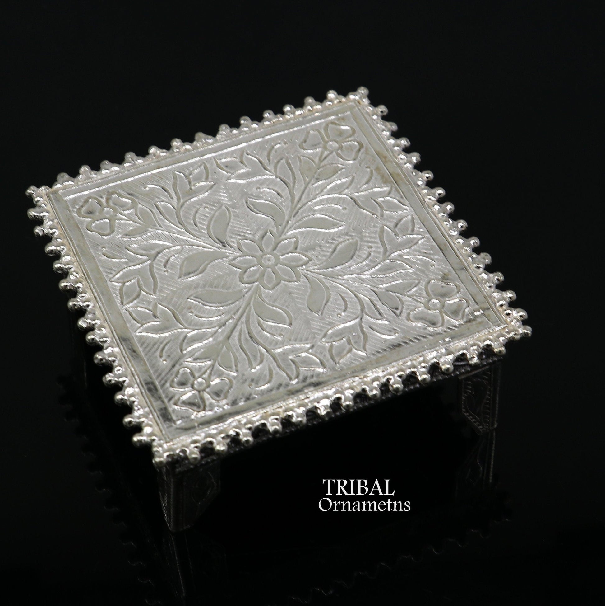 Sterling silver small square table/bazot or chouki, vintage design, handmade home puja utensils, tribal ornaments temple art.