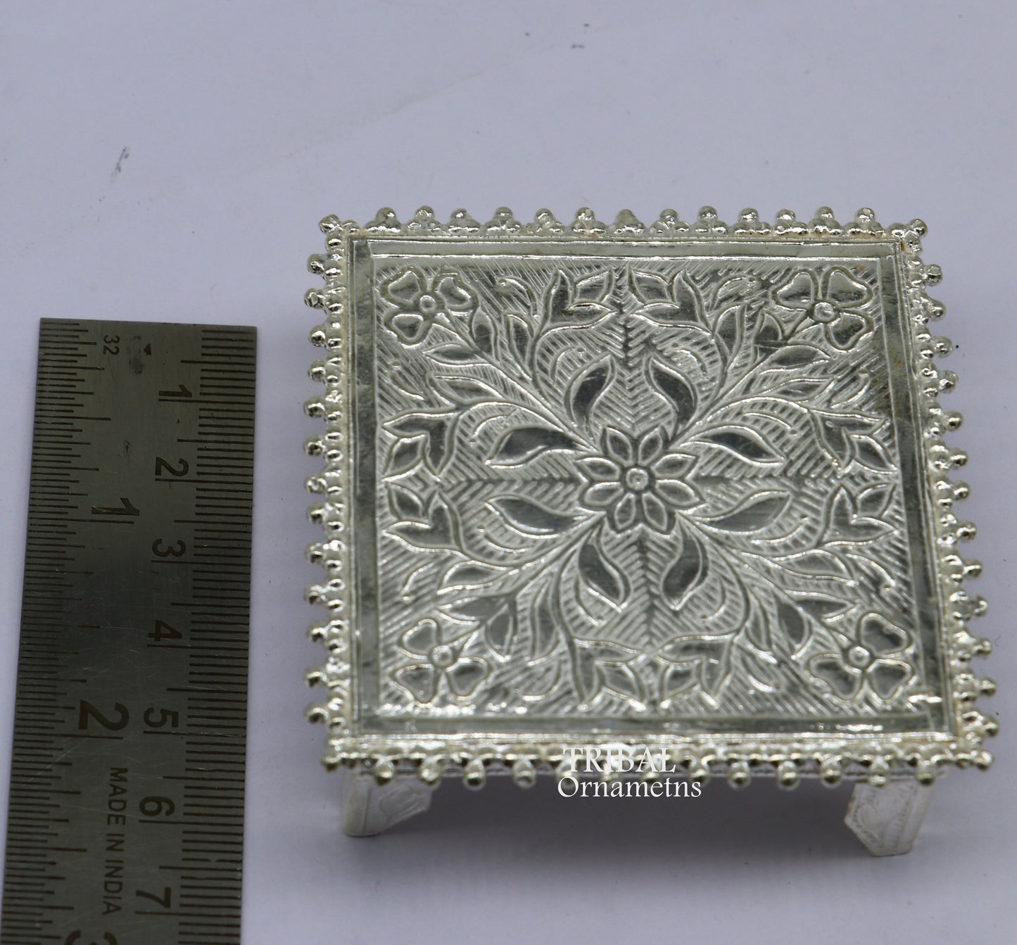 Sterling silver small square table bazot for puja, vintage design, handmade by Tribal Ornaments, ideal for home temple decor.