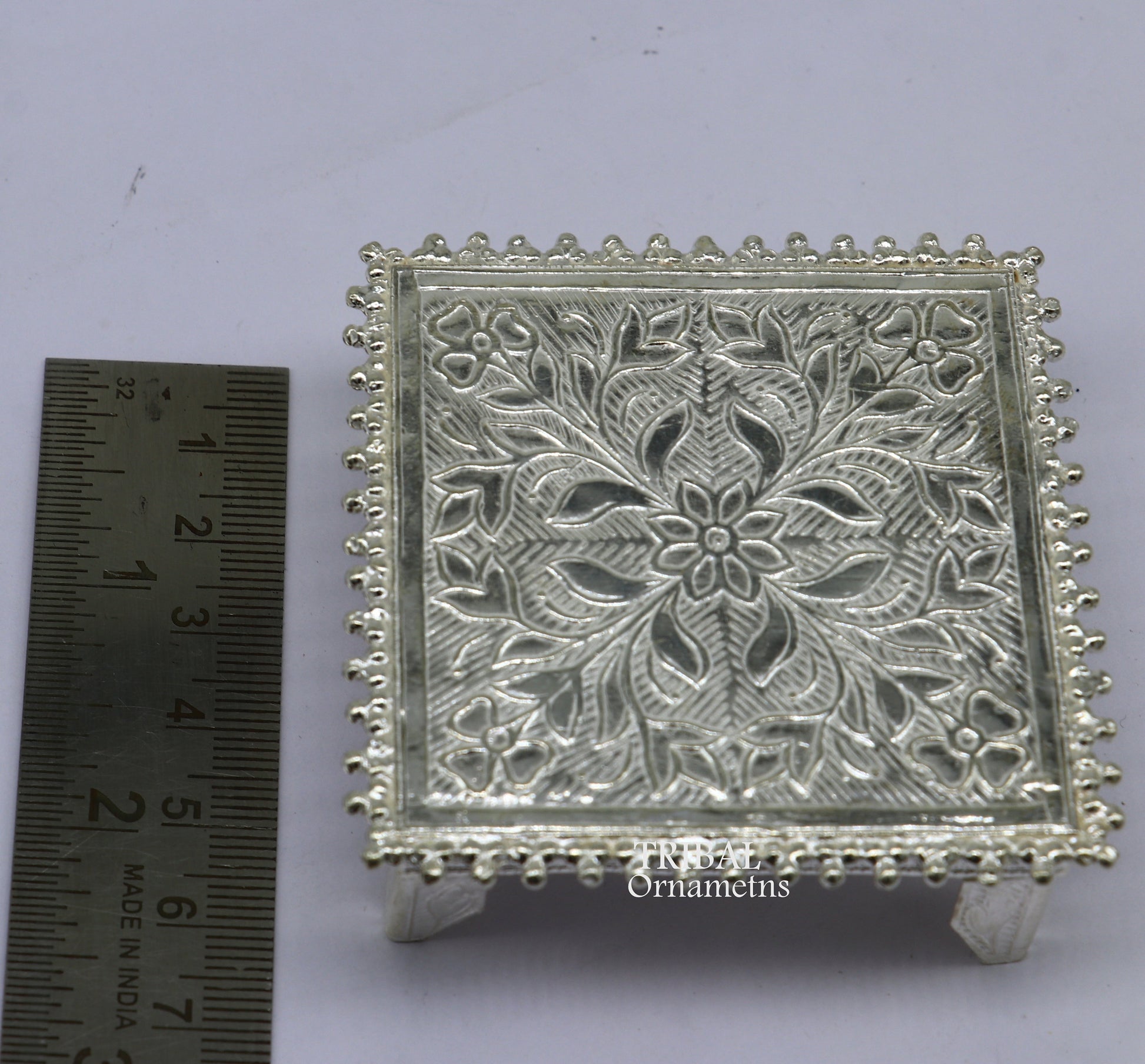 Sterling silver small square table bazot for puja, vintage design, handmade by Tribal Ornaments, ideal for home temple decor.