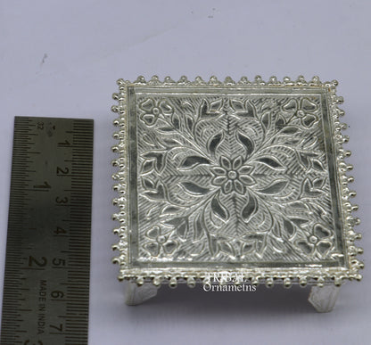 Sterling silver small square table bazot for puja, vintage design, handmade by Tribal Ornaments, ideal for home temple decor.