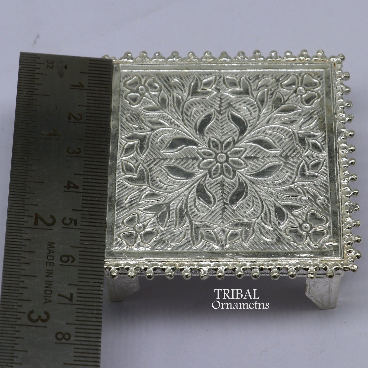 Vintage 2.5-inch sterling silver small square table bazot or chouki, handcrafted home puja utensil with intricate tribal design.