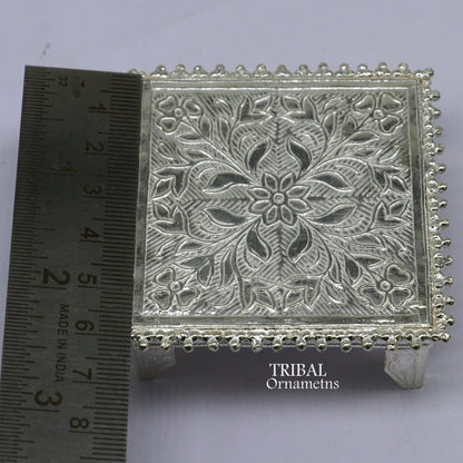 Vintage 2.5-inch sterling silver small square table bazot or chouki, handcrafted home puja utensil with intricate tribal design.