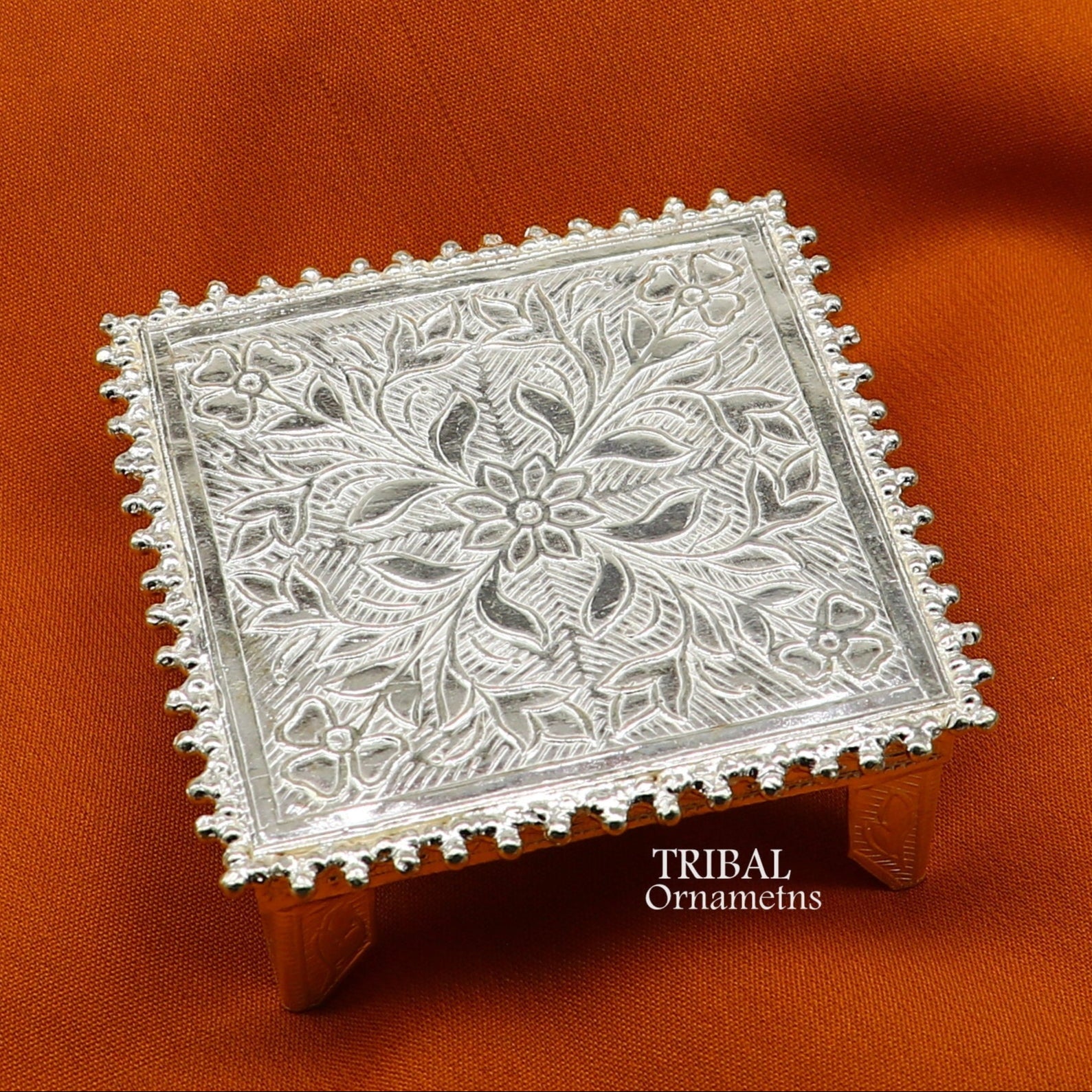 Vintage design sterling silver small square table bazot or chouki, handmade home puja utensil with intricate temple art details.