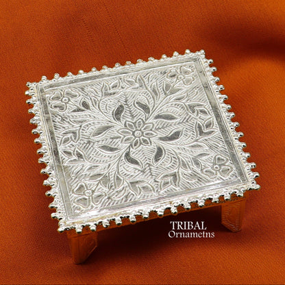 Vintage design sterling silver small square table bazot or chouki, handmade home puja utensil with intricate temple art details.