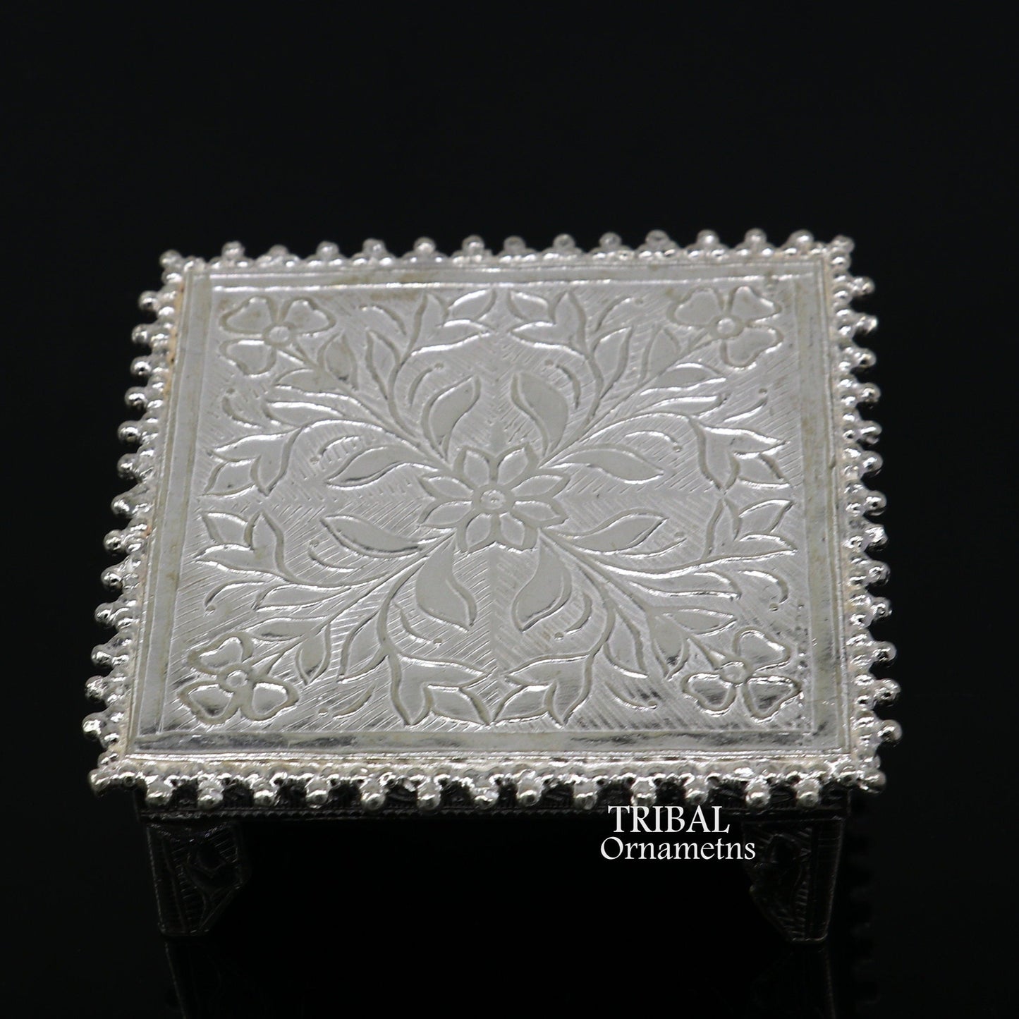 Sterling silver vintage small square table bazot or chouki for puja, handcrafted tribal ornament temple art piece.