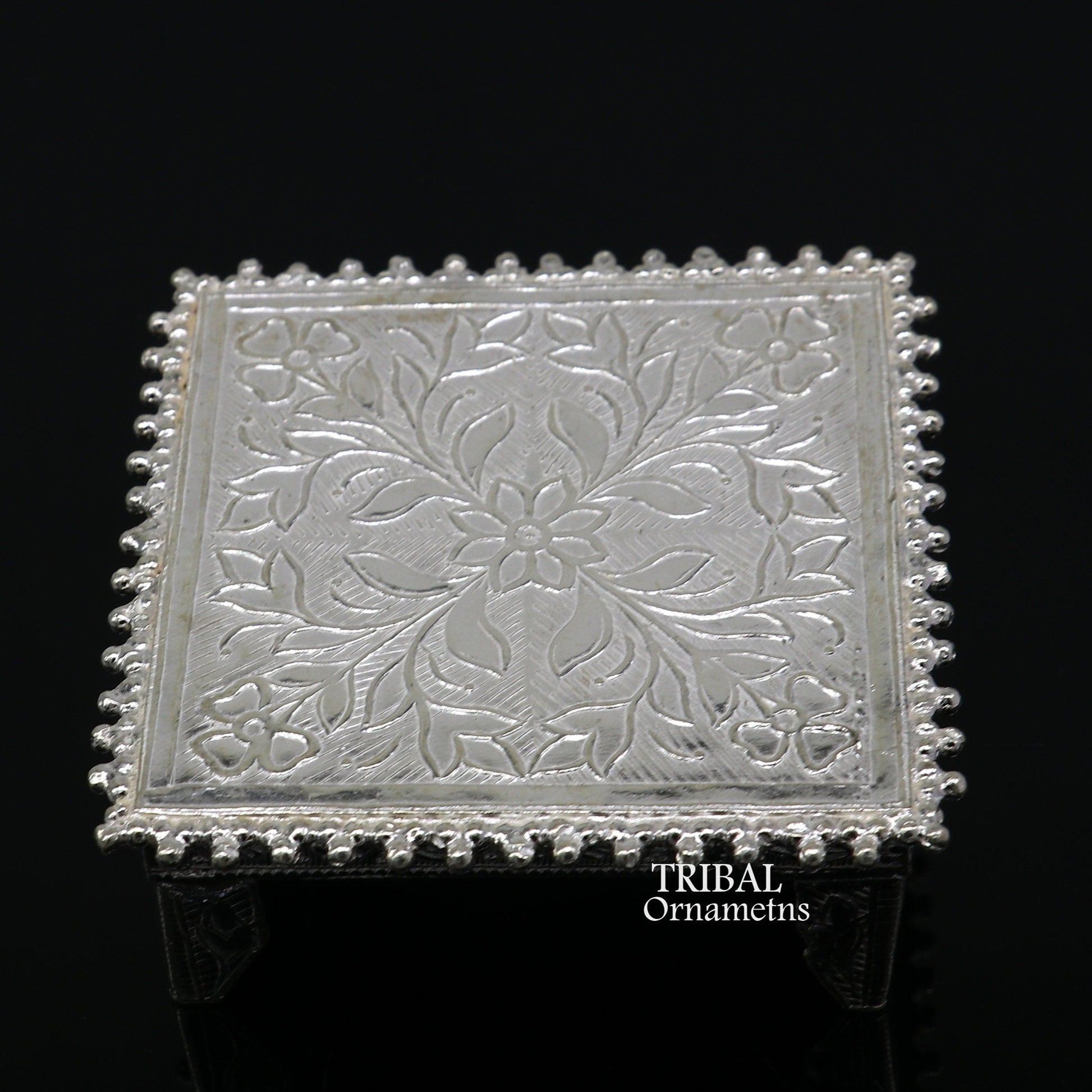 Sterling silver vintage small square table bazot or chouki for puja, handcrafted tribal ornament temple art piece.
