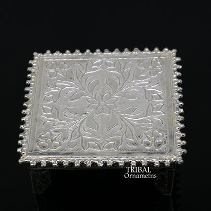 Sterling silver vintage small square table bazot or chouki for puja, handcrafted tribal ornament temple art piece.